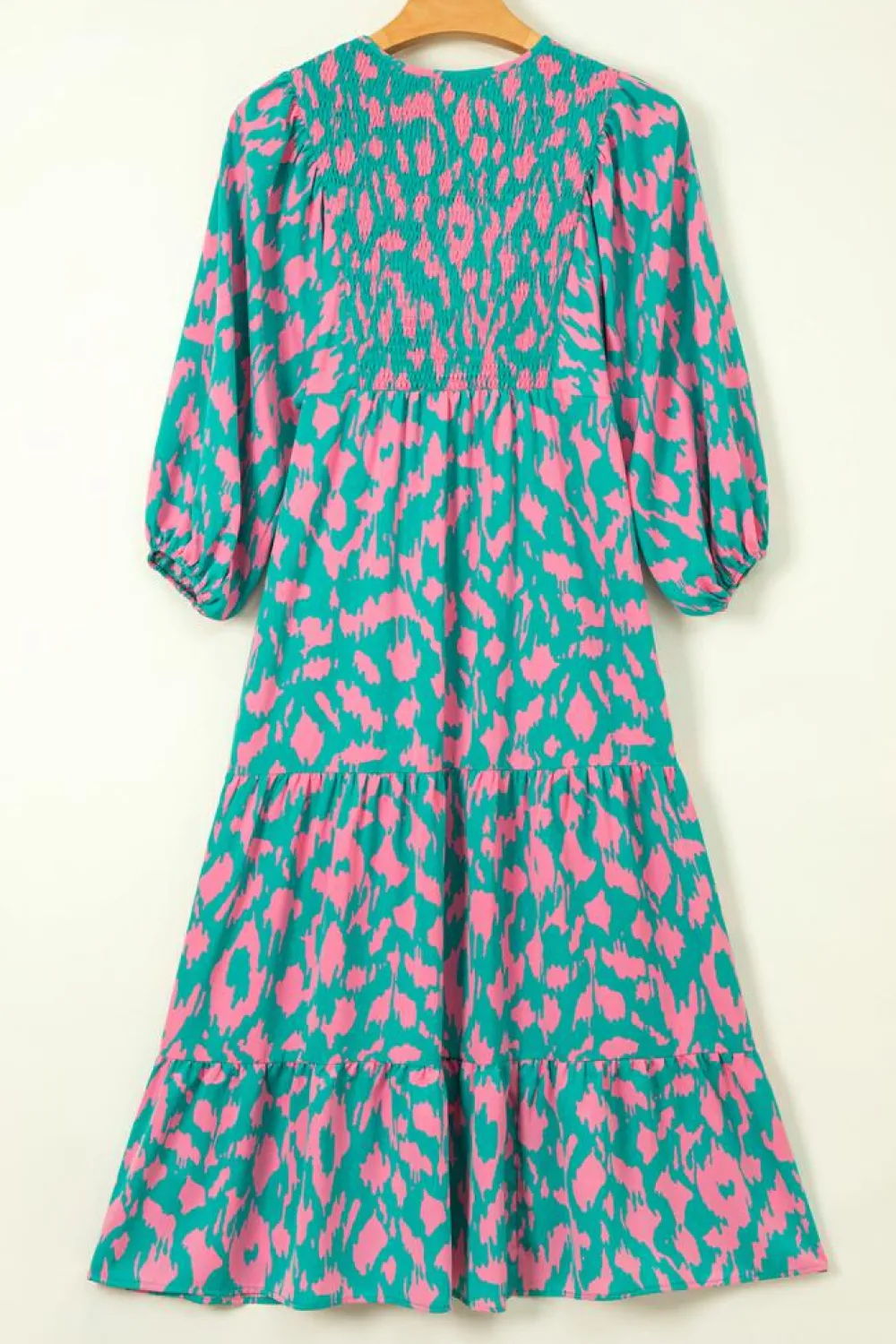 Best Dear-Lover Abstract Print Puff Sleeve Tied Notched Neck Long Dress Green