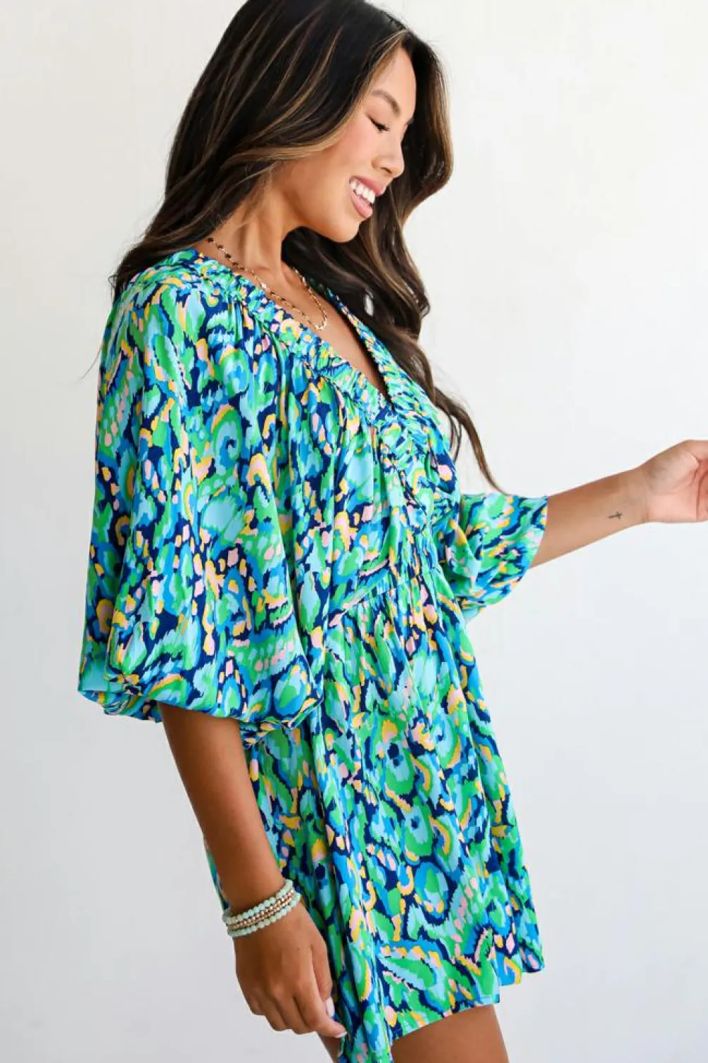 Online Dear-Lover Abstract Print Puff Sleeve V Neck High Waist Romper Green