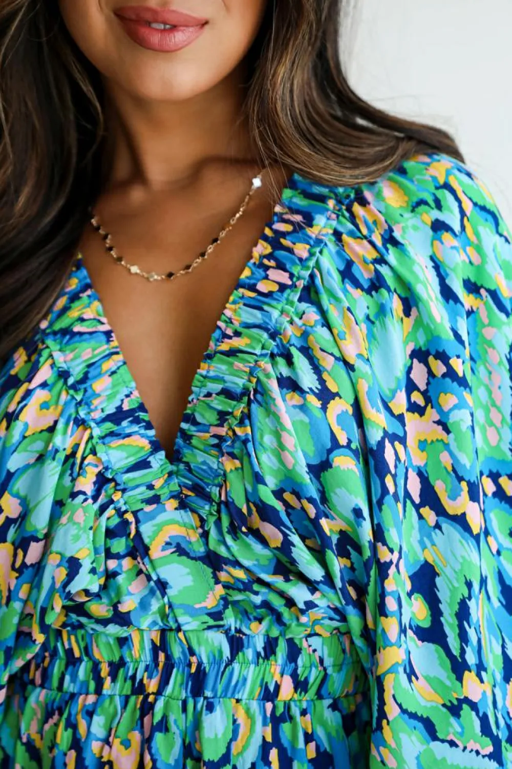 Online Dear-Lover Abstract Print Puff Sleeve V Neck High Waist Romper Green