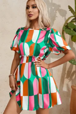 Hot Dear-Lover Abstract Print Puff Sleeve Short Dress Green