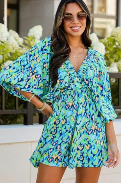 Online Dear-Lover Abstract Print Puff Sleeve V Neck High Waist Romper Green