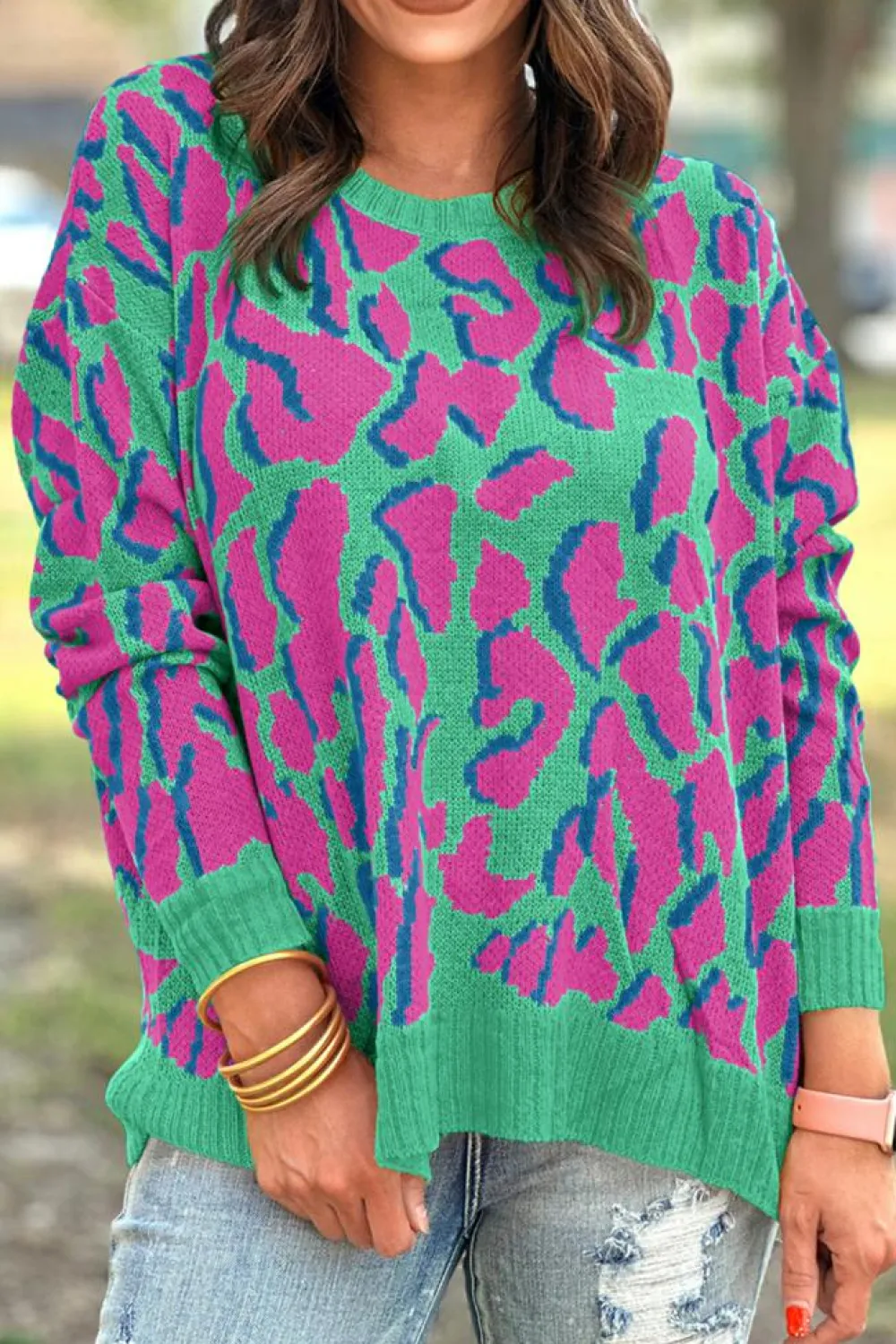 Discount Dear-Lover Abstract Print Ribbed Trim Baggy Sweater Green