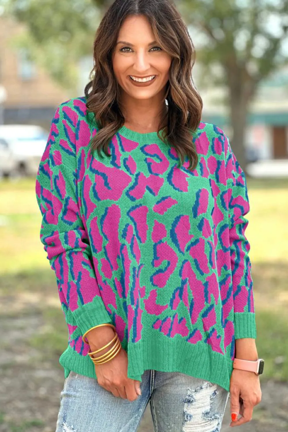 Discount Dear-Lover Abstract Print Ribbed Trim Baggy Sweater Green