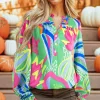 Best Dear-Lover Abstract Print Ruffled Sleeve Buttoned V Neck Blouse Green