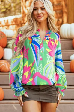 Best Dear-Lover Abstract Print Ruffled Sleeve Buttoned V Neck Blouse Green