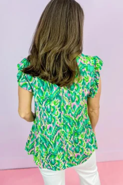 Clearance Dear-Lover Abstract Print Ruffled Trim Tied Split Neck Tank Top Green