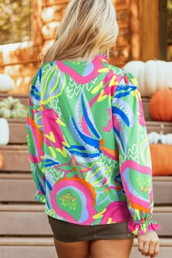 Best Dear-Lover Abstract Print Ruffled Sleeve Buttoned V Neck Blouse Green
