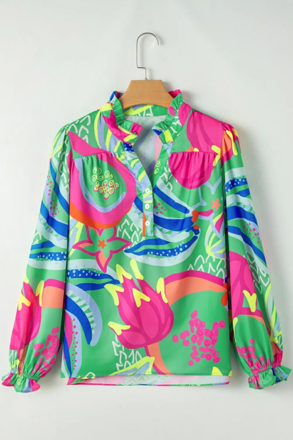 Best Dear-Lover Abstract Print Ruffled Sleeve Buttoned V Neck Blouse Green