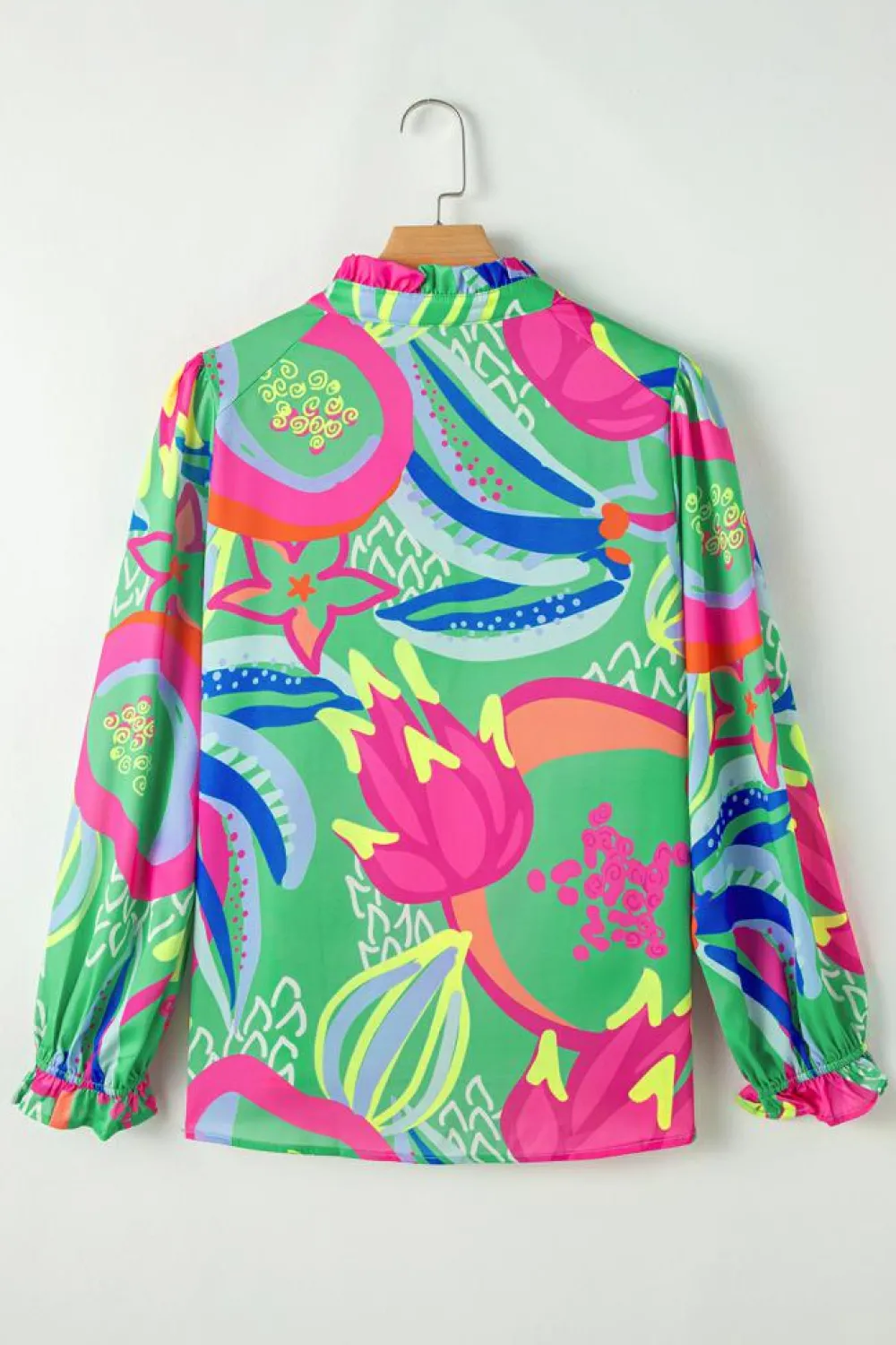 Best Dear-Lover Abstract Print Ruffled Sleeve Buttoned V Neck Blouse Green