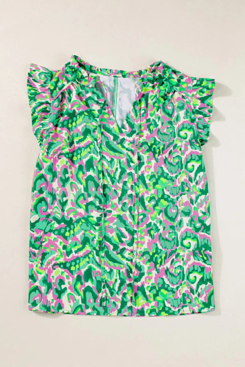 Clearance Dear-Lover Abstract Print Ruffled Trim Tied Split Neck Tank Top Green