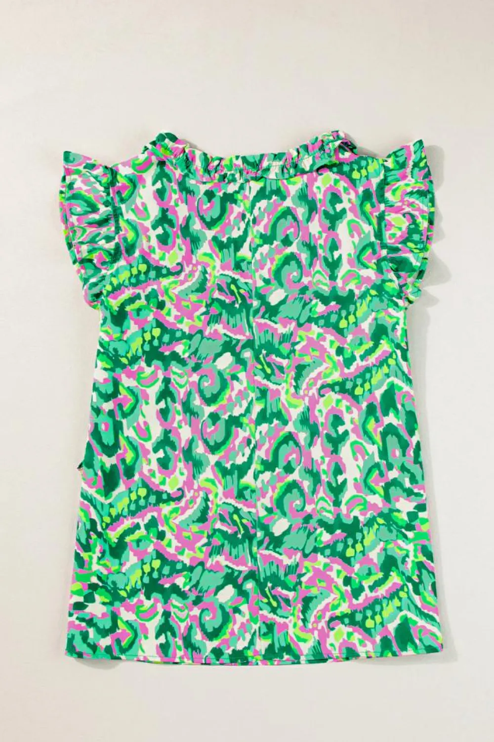 Clearance Dear-Lover Abstract Print Ruffled Trim Tied Split Neck Tank Top Green