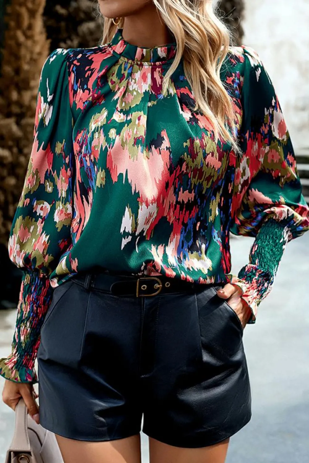 Hot Dear-Lover Abstract Print Smocked Cuffs Frilled Neck Blouse Green