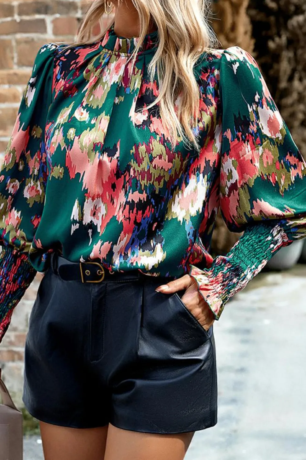 Hot Dear-Lover Abstract Print Smocked Cuffs Frilled Neck Blouse Green