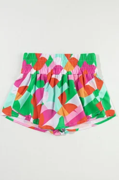 Clearance Dear-Lover Abstract Print Smock Waist Casual Shorts Green