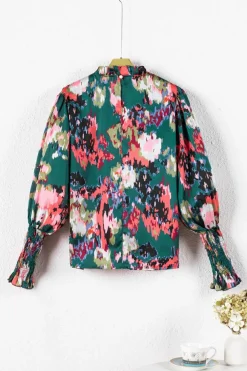 Hot Dear-Lover Abstract Print Smocked Cuffs Frilled Neck Blouse Green