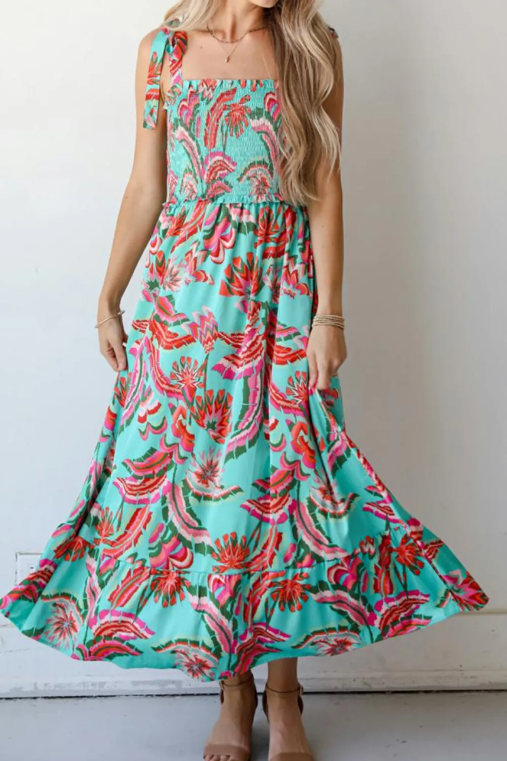 Sale Dear-Lover Abstract Print Smocked Bodice Knotted Straps Ruffled Maxi Dress Green