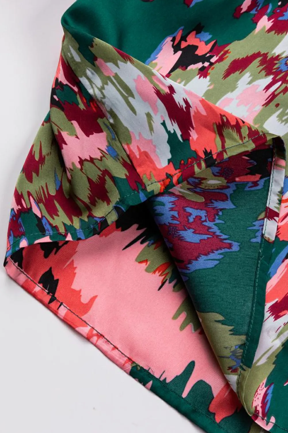 Hot Dear-Lover Abstract Print Smocked Cuffs Frilled Neck Blouse Green
