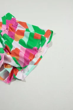 Clearance Dear-Lover Abstract Print Smock Waist Casual Shorts Green
