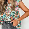 Outlet Dear-Lover Abstract Print Split Neck Ruffle Sleeve Blouse Green