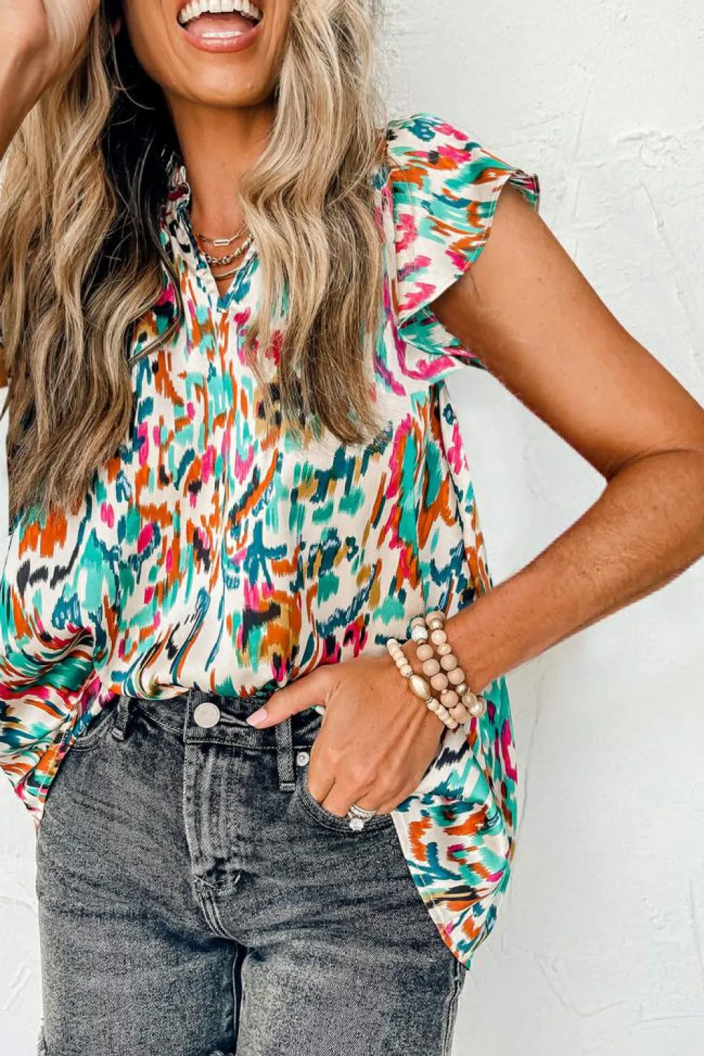 Outlet Dear-Lover Abstract Print Split Neck Ruffle Sleeve Blouse Green