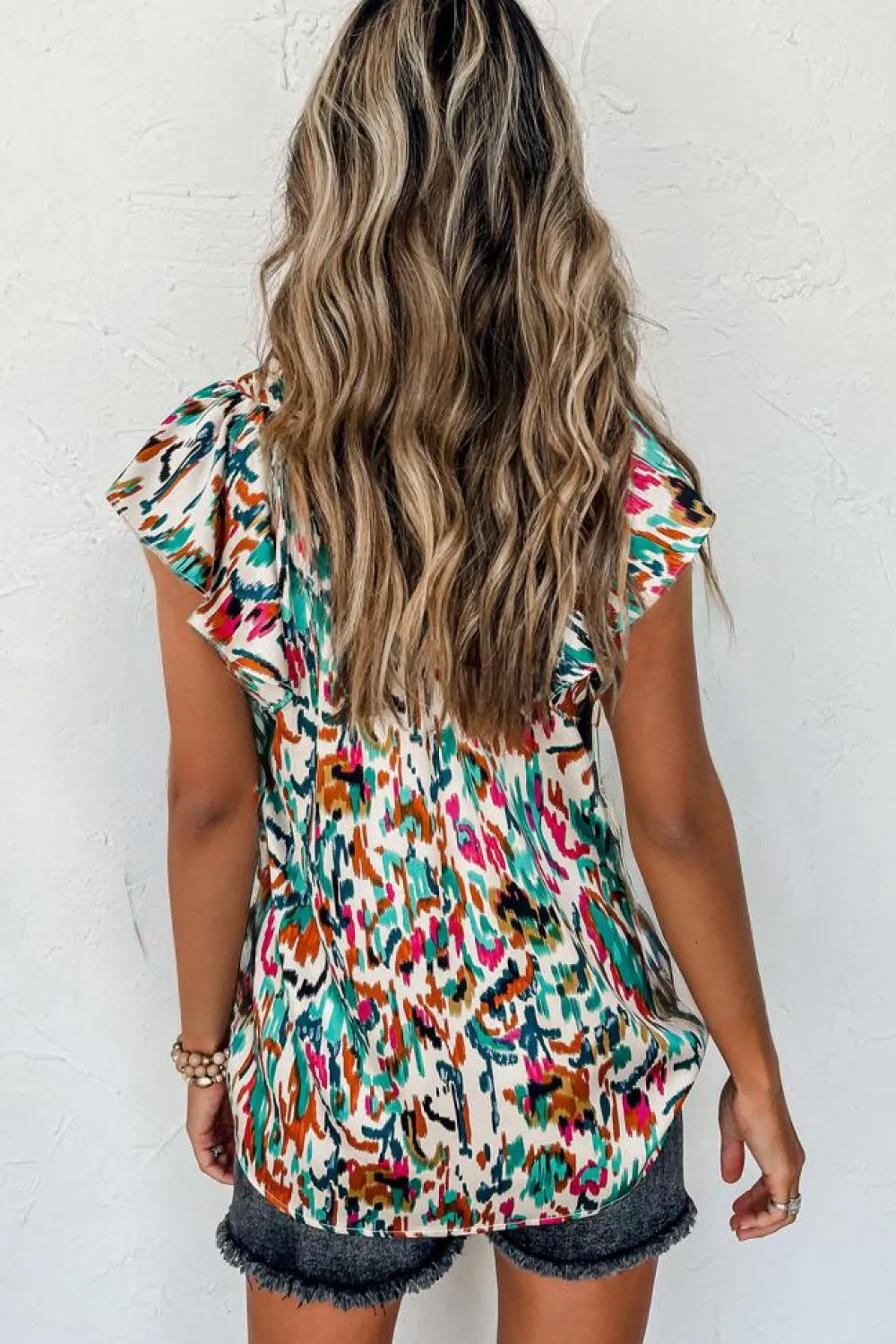 Outlet Dear-Lover Abstract Print Split Neck Ruffle Sleeve Blouse Green