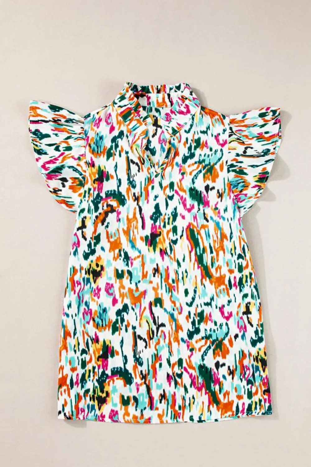 Outlet Dear-Lover Abstract Print Split Neck Ruffle Sleeve Blouse Green