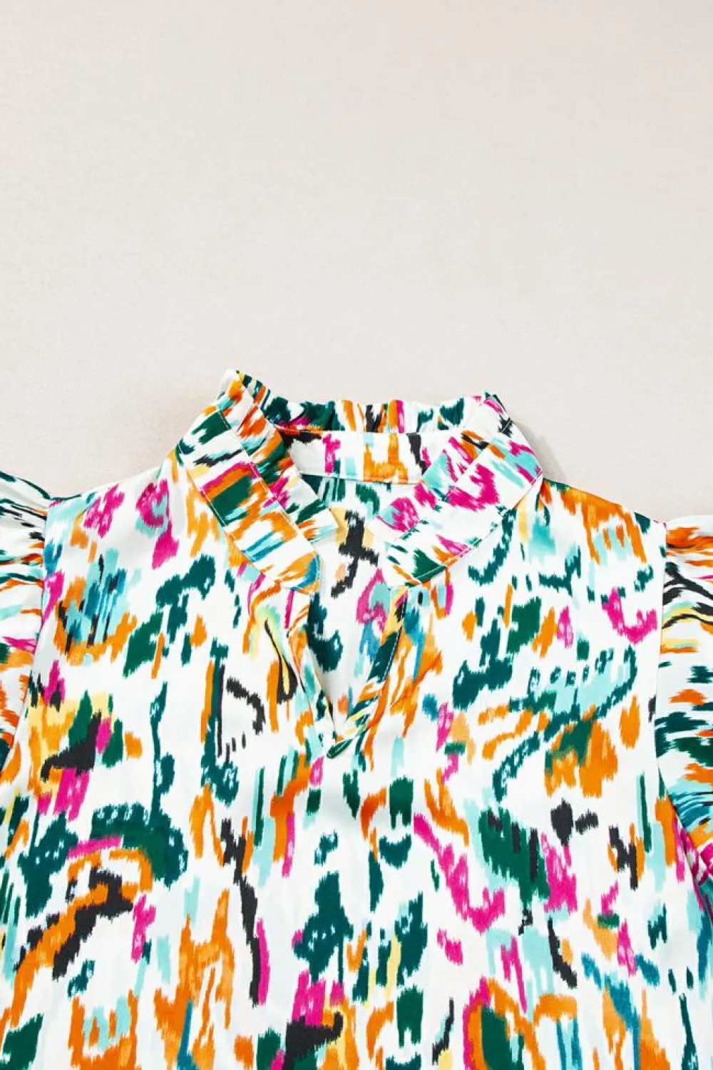 Outlet Dear-Lover Abstract Print Split Neck Ruffle Sleeve Blouse Green