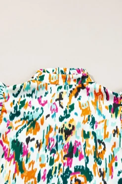 Outlet Dear-Lover Abstract Print Split Neck Ruffle Sleeve Blouse Green