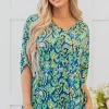Clearance Dear-Lover Abstract Print V Neck Half Sleeve Loose Fit Tunic Blouse Green