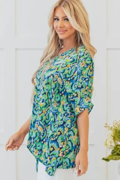 Clearance Dear-Lover Abstract Print V Neck Half Sleeve Loose Fit Tunic Blouse Green