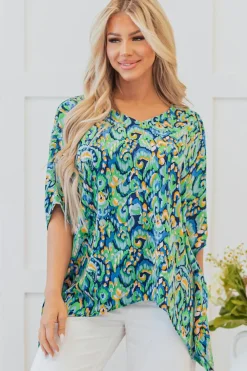 Clearance Dear-Lover Abstract Print V Neck Half Sleeve Loose Fit Tunic Blouse Green