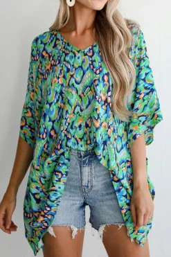Clearance Dear-Lover Abstract Print V Neck Half Sleeve Loose Fit Tunic Blouse Green