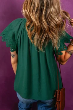 Outlet Dear-Lover Eyelet Embroidered Sleeve Tie V Neck Blouse Green Bay