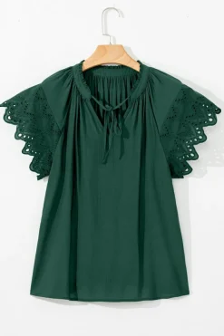 Outlet Dear-Lover Eyelet Embroidered Sleeve Tie V Neck Blouse Green Bay