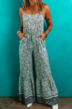 Best Dear-Lover Bohemian Floral Ruffle Bottom Spaghetti Strap Jumpsuit Green
