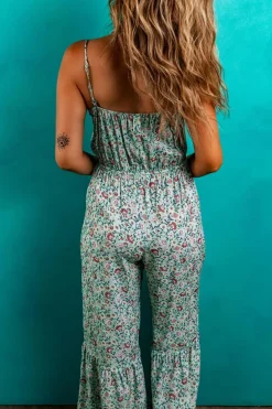 Best Dear-Lover Bohemian Floral Ruffle Bottom Spaghetti Strap Jumpsuit Green