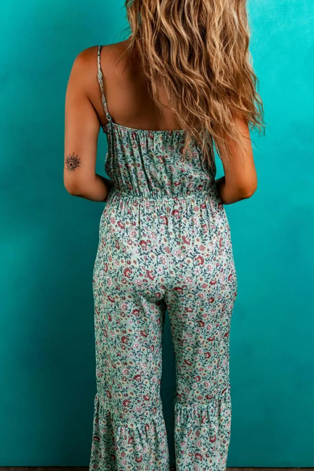 Best Dear-Lover Bohemian Floral Ruffle Bottom Spaghetti Strap Jumpsuit Green