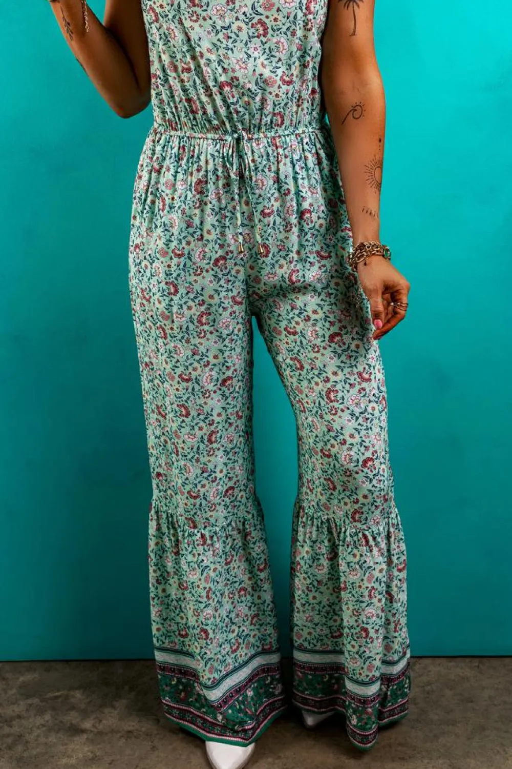 Best Dear-Lover Bohemian Floral Ruffle Bottom Spaghetti Strap Jumpsuit Green