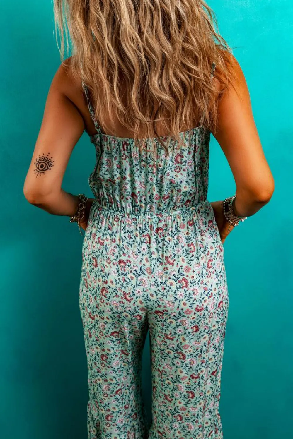 Best Dear-Lover Bohemian Floral Ruffle Bottom Spaghetti Strap Jumpsuit Green
