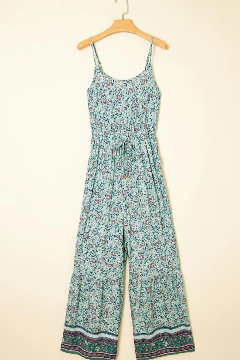 Best Dear-Lover Bohemian Floral Ruffle Bottom Spaghetti Strap Jumpsuit Green