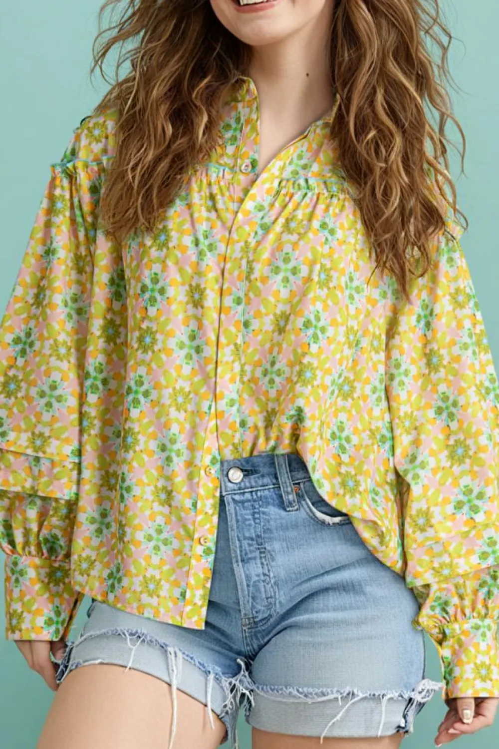 Sale Dear-Lover Boho Floral Print Frilly Detail Puff Sleeve Shirt Green