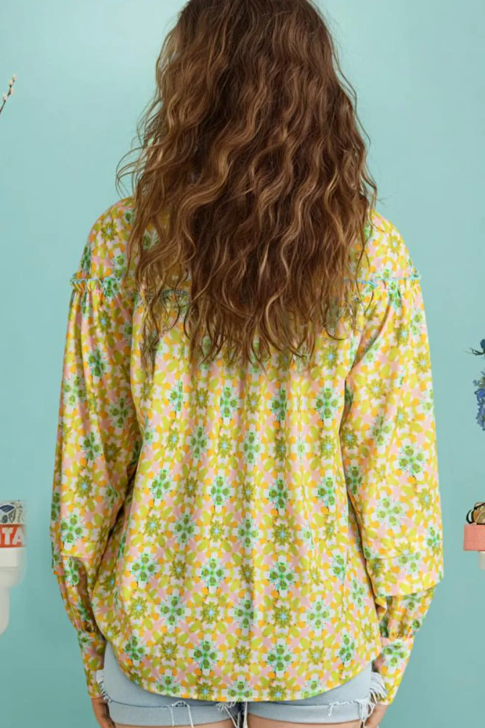 Sale Dear-Lover Boho Floral Print Frilly Detail Puff Sleeve Shirt Green