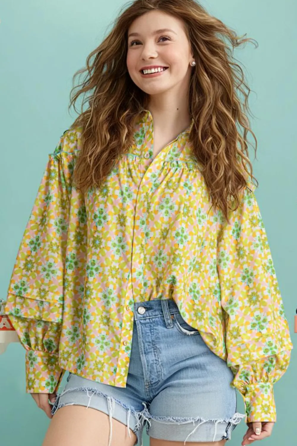 Sale Dear-Lover Boho Floral Print Frilly Detail Puff Sleeve Shirt Green