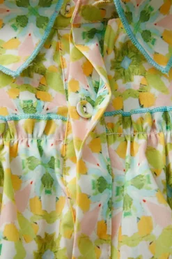 Sale Dear-Lover Boho Floral Print Frilly Detail Puff Sleeve Shirt Green