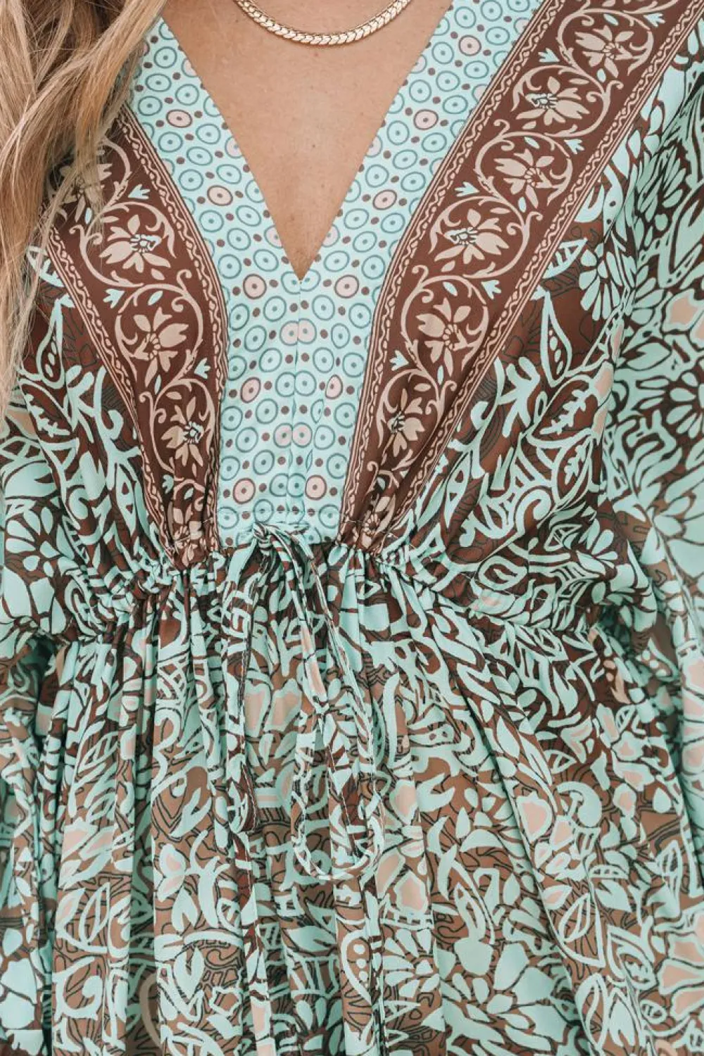 Fashion Dear-Lover Boho Floral Print Lace-up Open Back High Waist Maxi Dress Green