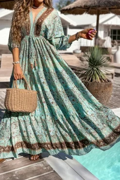 Fashion Dear-Lover Boho Floral Print Lace-up Open Back High Waist Maxi Dress Green