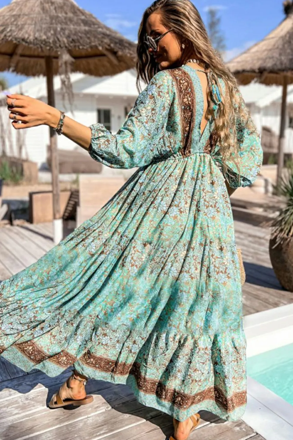 Fashion Dear-Lover Boho Floral Print Lace-up Open Back High Waist Maxi Dress Green