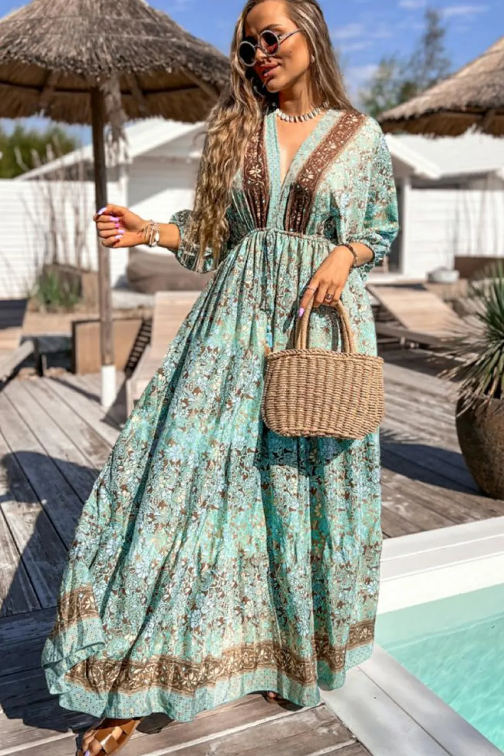 Fashion Dear-Lover Boho Floral Print Lace-up Open Back High Waist Maxi Dress Green