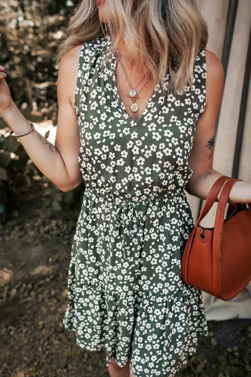 Online Dear-Lover Boho Floral Print V Neck Tunic Sleeveless Dress Green