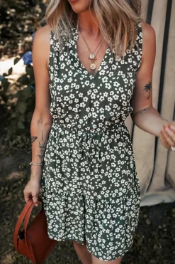 Online Dear-Lover Boho Floral Print V Neck Tunic Sleeveless Dress Green